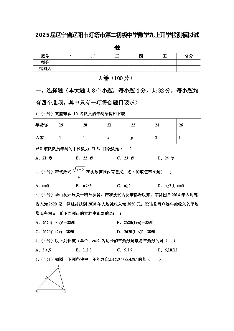 2025届辽宁省辽阳市灯塔市第二初级中学数学九上开学检测模拟试题【含答案】01