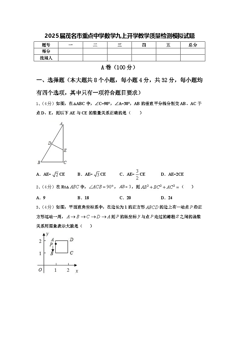 2025届茂名市重点中学数学九上开学教学质量检测模拟试题【含答案】01