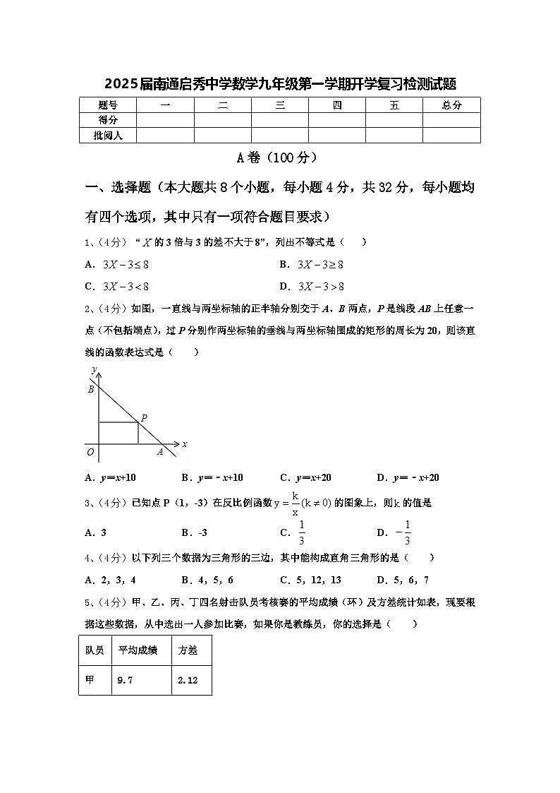 2025届南通启秀中学数学九年级第一学期开学复习检测试题【含答案】01
