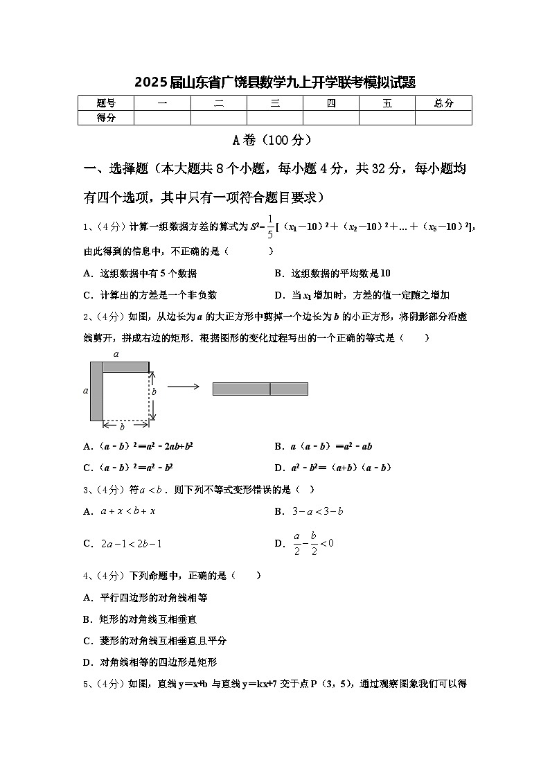 2025届山东省广饶县数学九上开学联考模拟试题【含答案】01