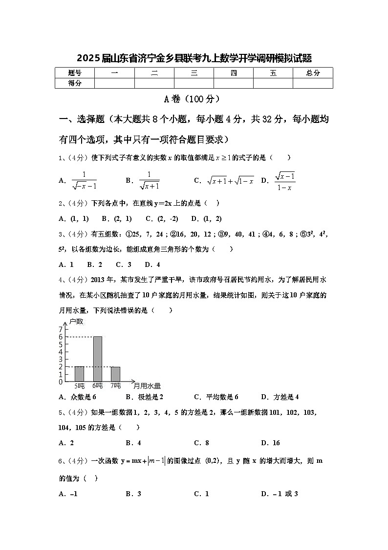 2025届山东省济宁金乡县联考九上数学开学调研模拟试题【含答案】第1页