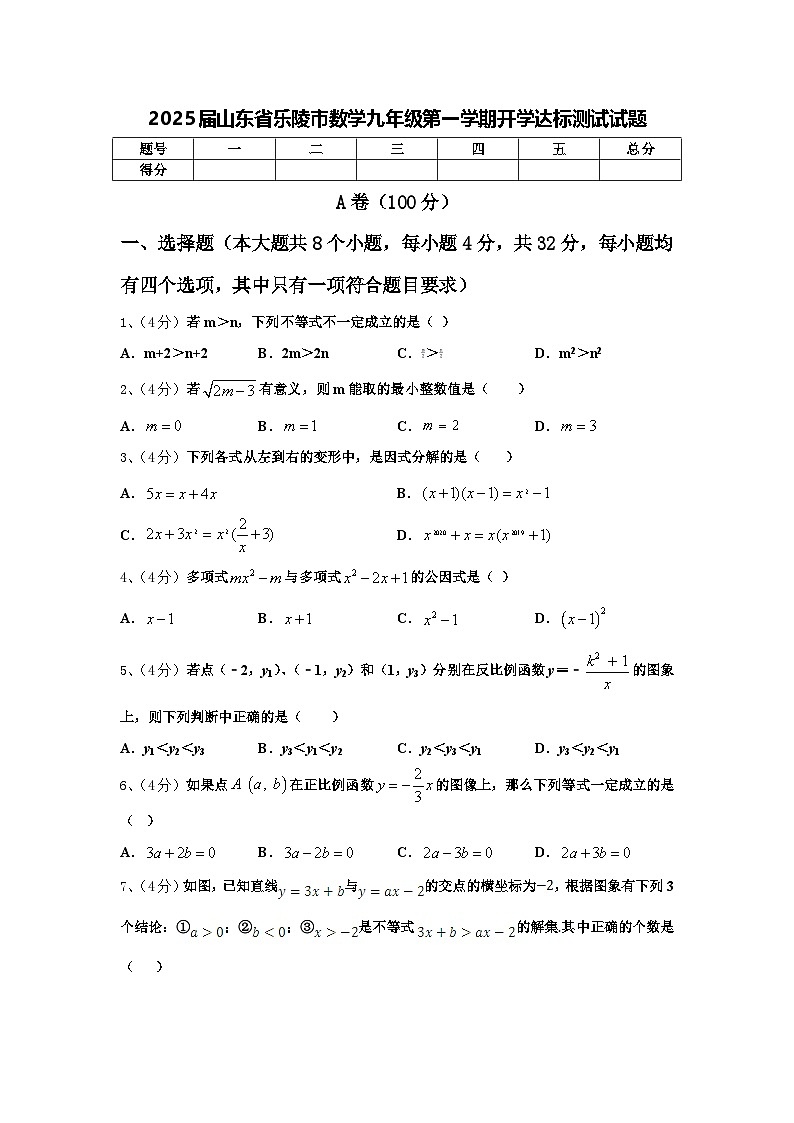 2025届山东省乐陵市数学九年级第一学期开学达标测试试题【含答案】第1页