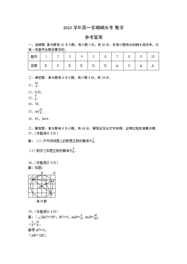 （金华）2023年下期九年级数学练习（四）参考答案第1页