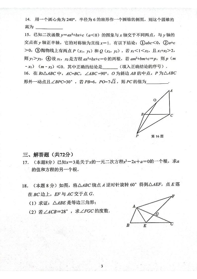 湖北省武汉市二桥中学2023-2024学年九年级上学期数学1月试卷第3页
