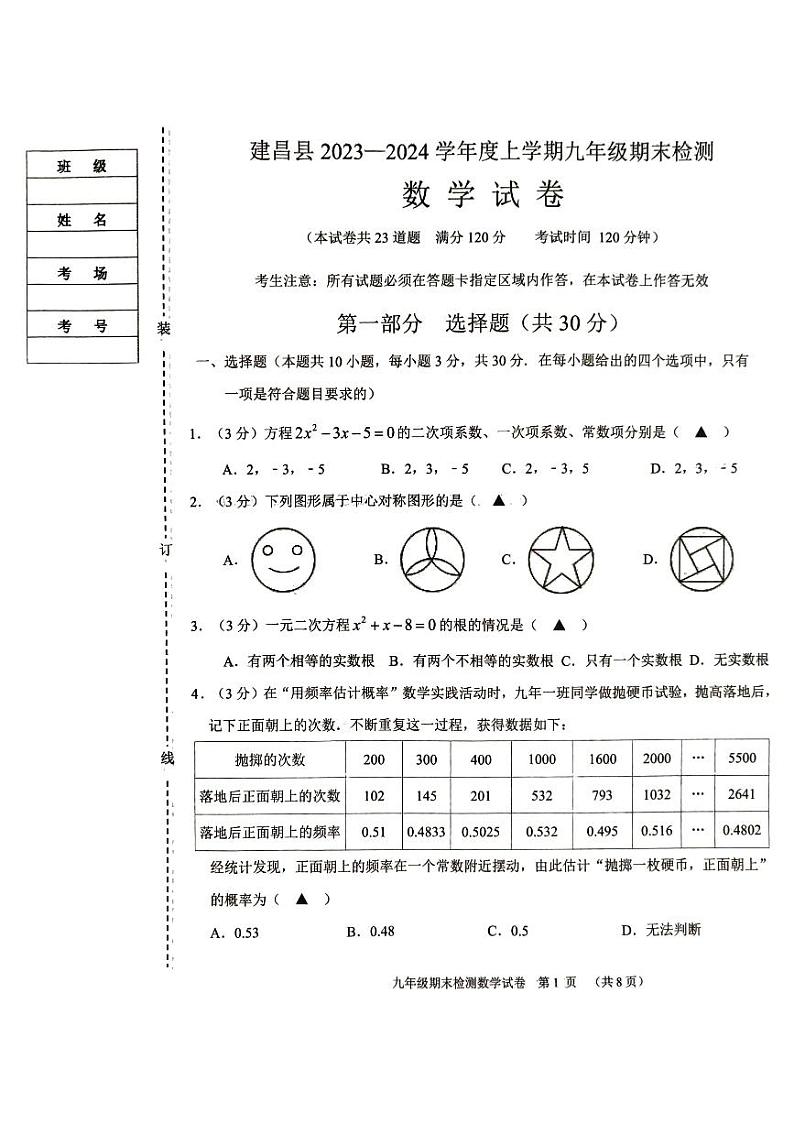 2023-2024学年度上学期九年级期末检测数学试卷第1页