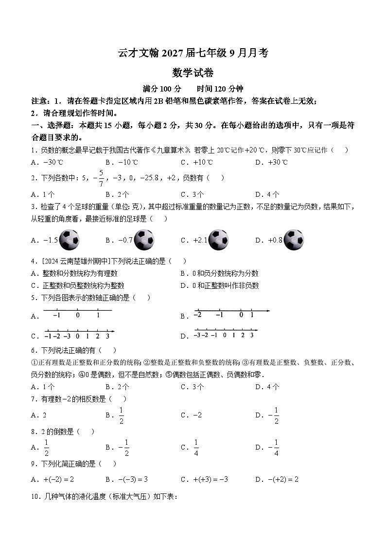 云南省昆明市盘龙区云才文翰学校2024-2025学年七年级上学期9月检测数学试题 (无答案)第1页