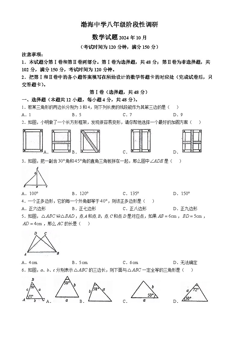 山东省德州市庆云县渤海中学2024-2025学年八年级上学期10月月考数学试题(无答案)第1页