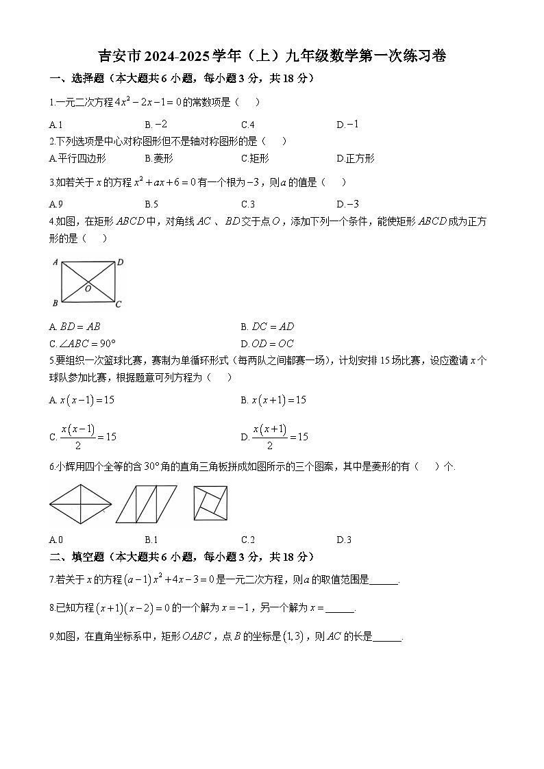 江西省吉安市永丰县十一校联考2024-2025学年九年级上学期10月月考数学试题(无答案)01