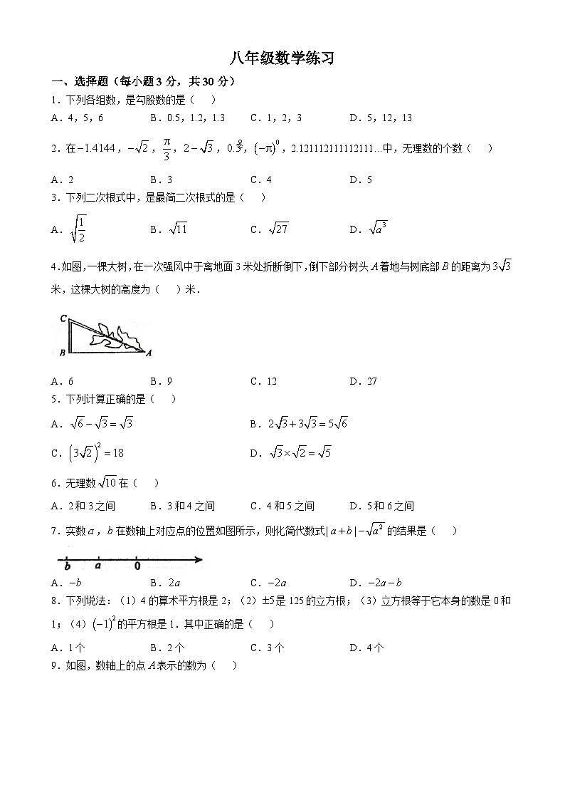 甘肃省张掖市甘州区某学校2024--2025学年上学期八年级数学第一次月考试卷(无答案)第1页