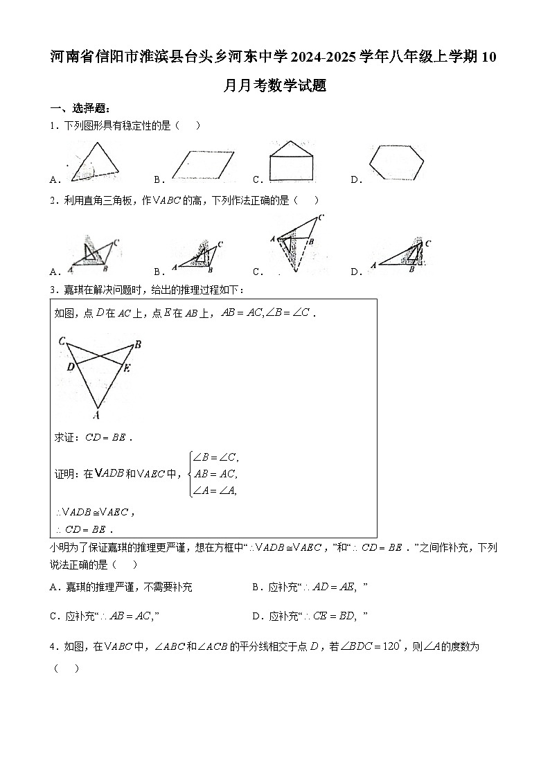河南省信阳市淮滨县台头乡河东中学2024-2025学年八年级上学期10月月考数学试题(无答案)01