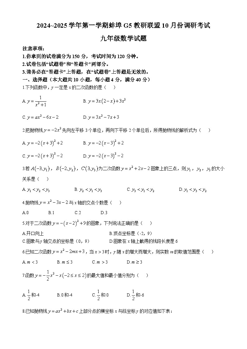 安徽省蚌埠市蚌山区2024-2025学年九年级上学期10月月考数学试题第1页