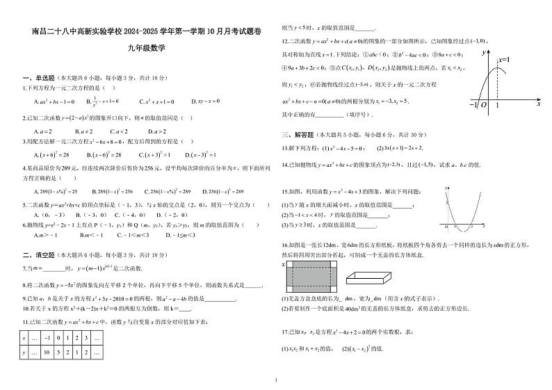 江西省南昌市第二十八中学高新实验学校2024-2025学年九年级上学期10月月考数学试题01