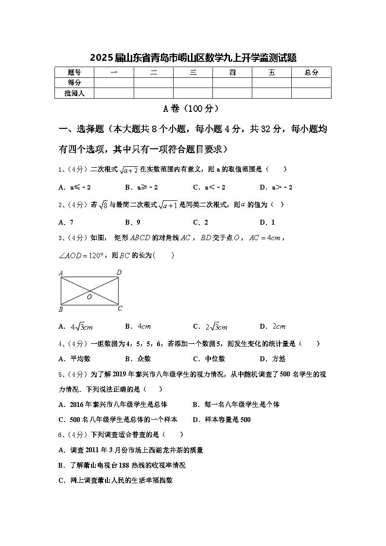 2025届山东省青岛市崂山区数学九上开学监测试题【含答案】第1页