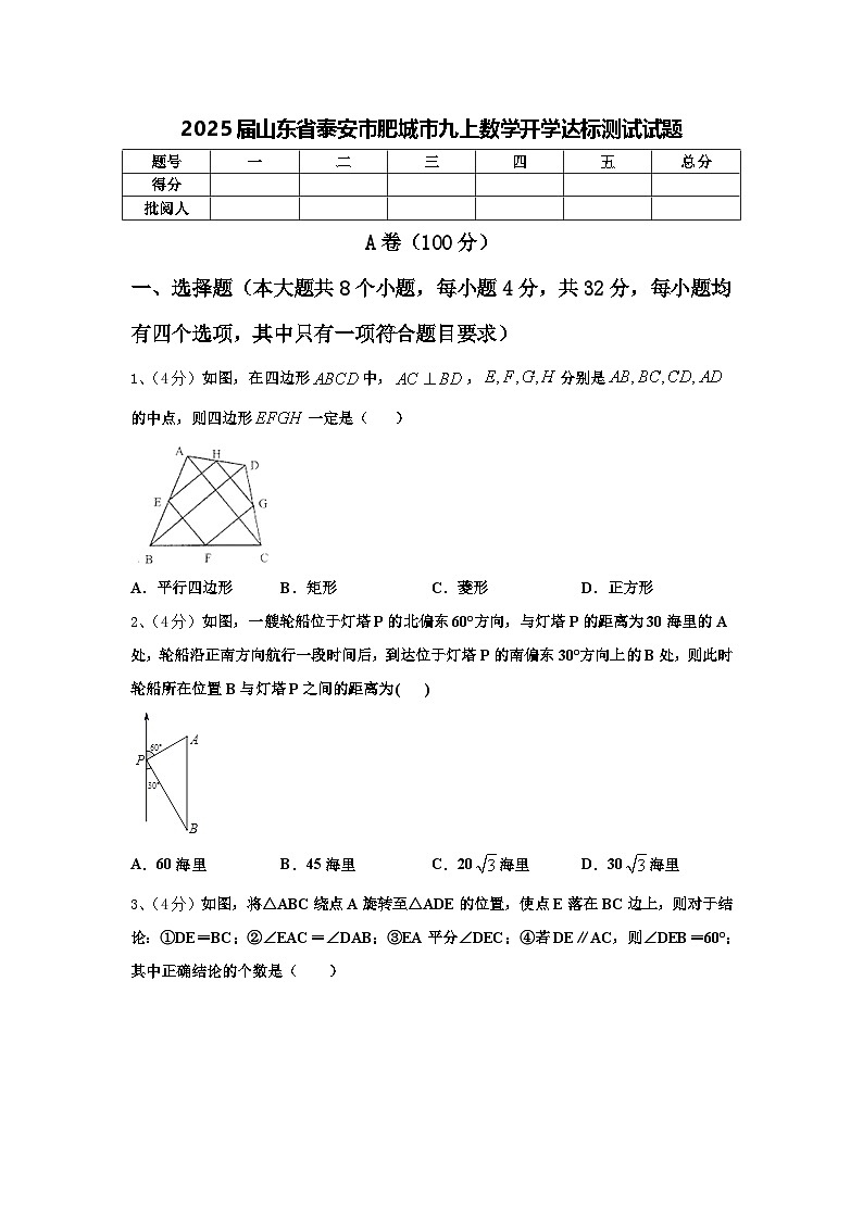 2025届山东省泰安市肥城市九上数学开学达标测试试题【含答案】第1页
