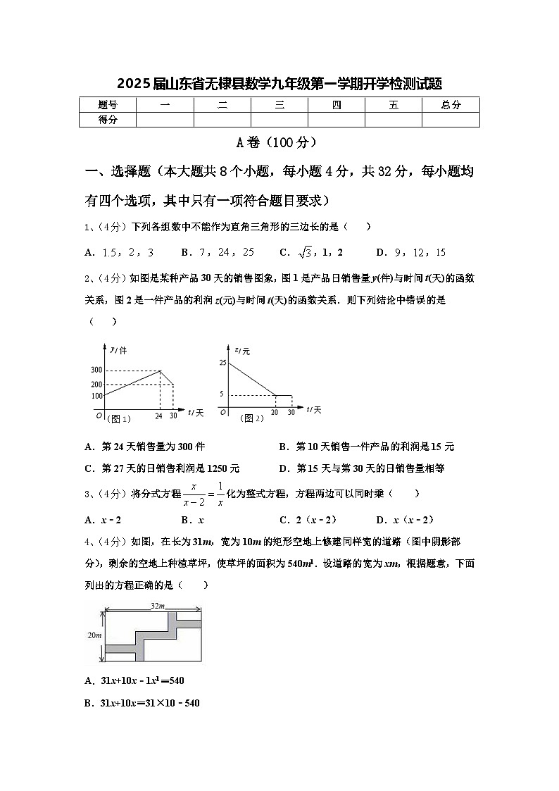 2025届山东省无棣县数学九年级第一学期开学检测试题【含答案】01