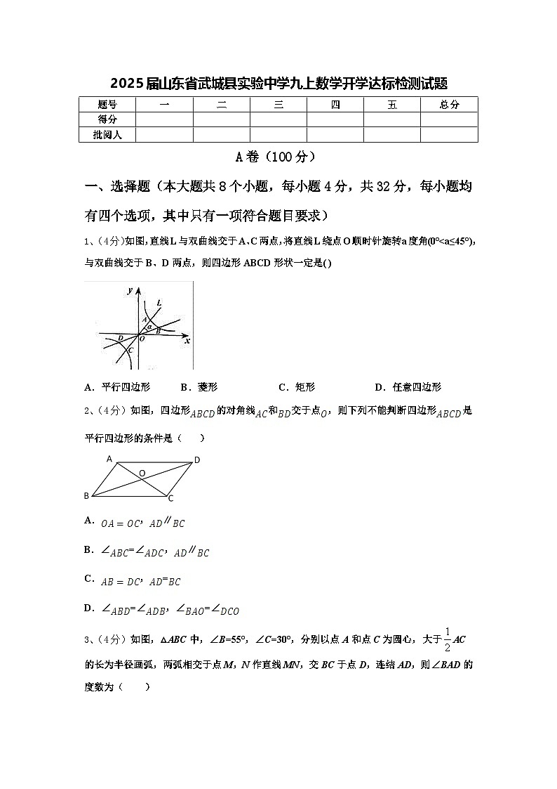 2025届山东省武城县实验中学九上数学开学达标检测试题【含答案】第1页