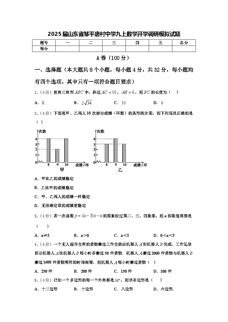 2025届山东省邹平唐村中学九上数学开学调研模拟试题【含答案】第1页
