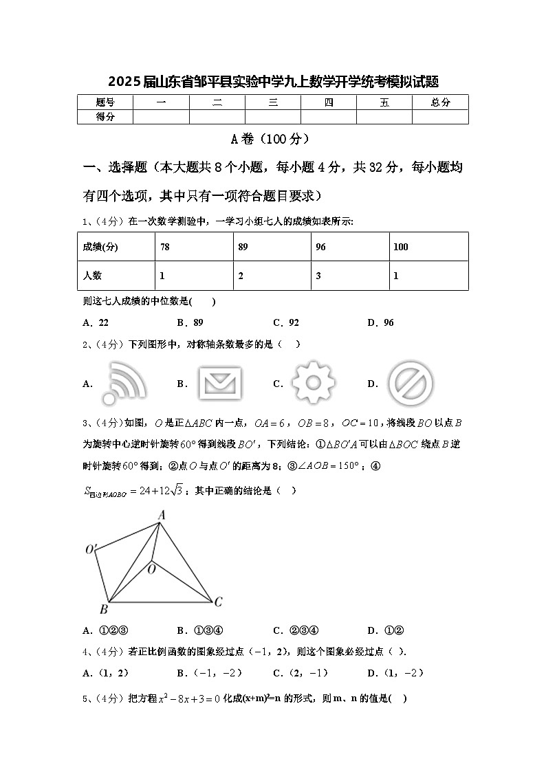 2025届山东省邹平县实验中学九上数学开学统考模拟试题【含答案】第1页