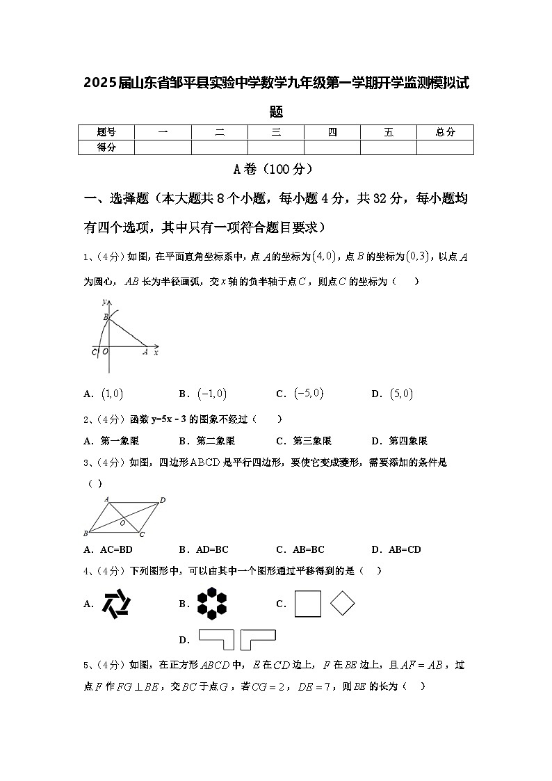 2025届山东省邹平县实验中学数学九年级第一学期开学监测模拟试题【含答案】01