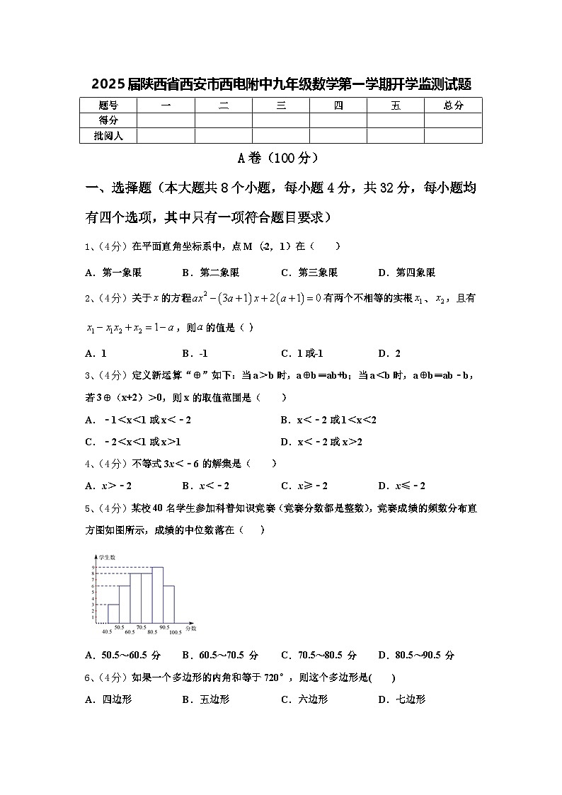 2025届陕西省西安市西电附中九年级数学第一学期开学监测试题【含答案】01