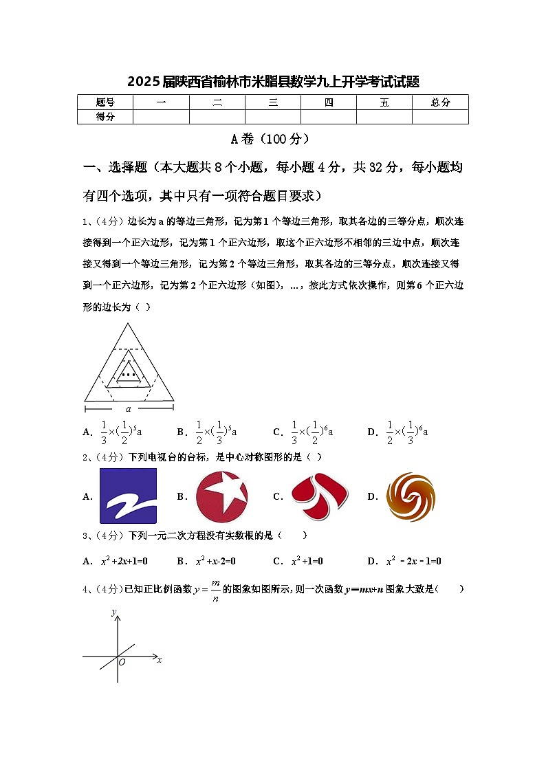 2025届陕西省榆林市米脂县数学九上开学考试试题【含答案】01