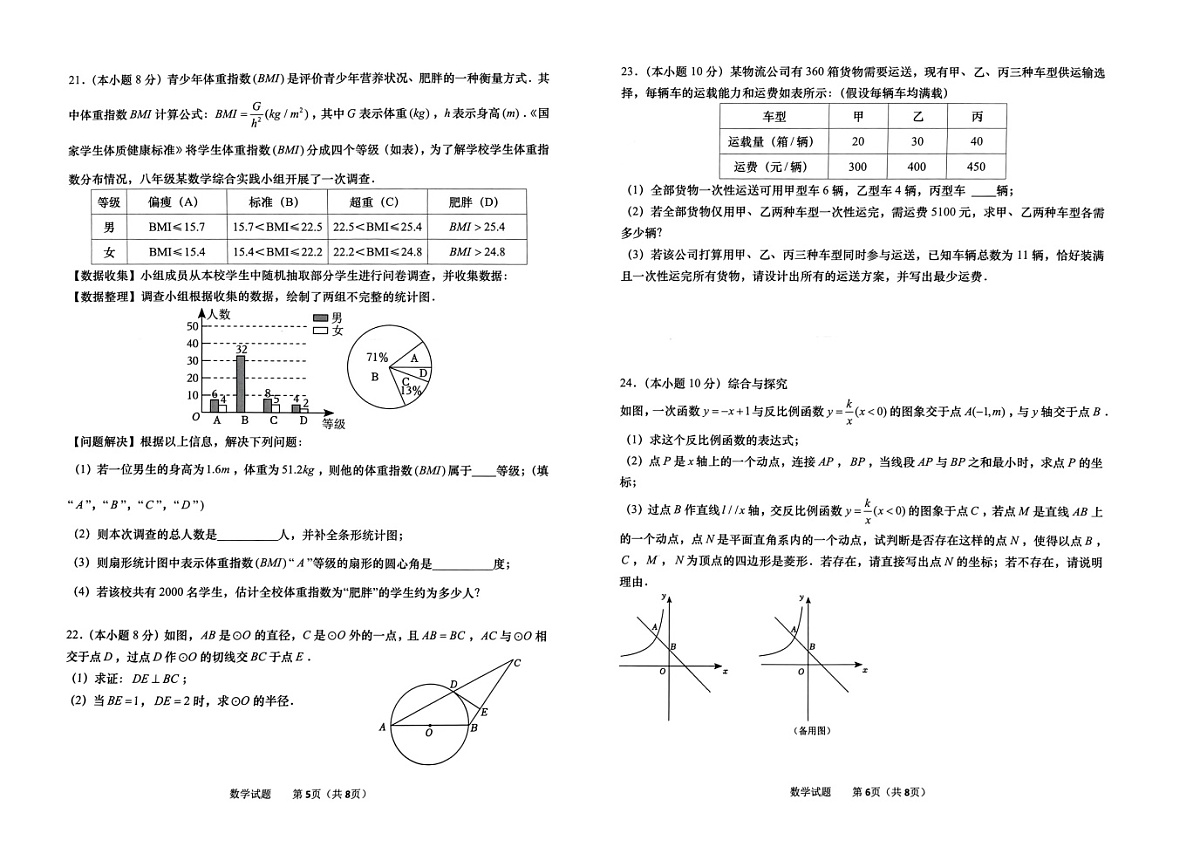 2024年山东省济南市莱芜区中考二模数学试题(横版无答案)第3页