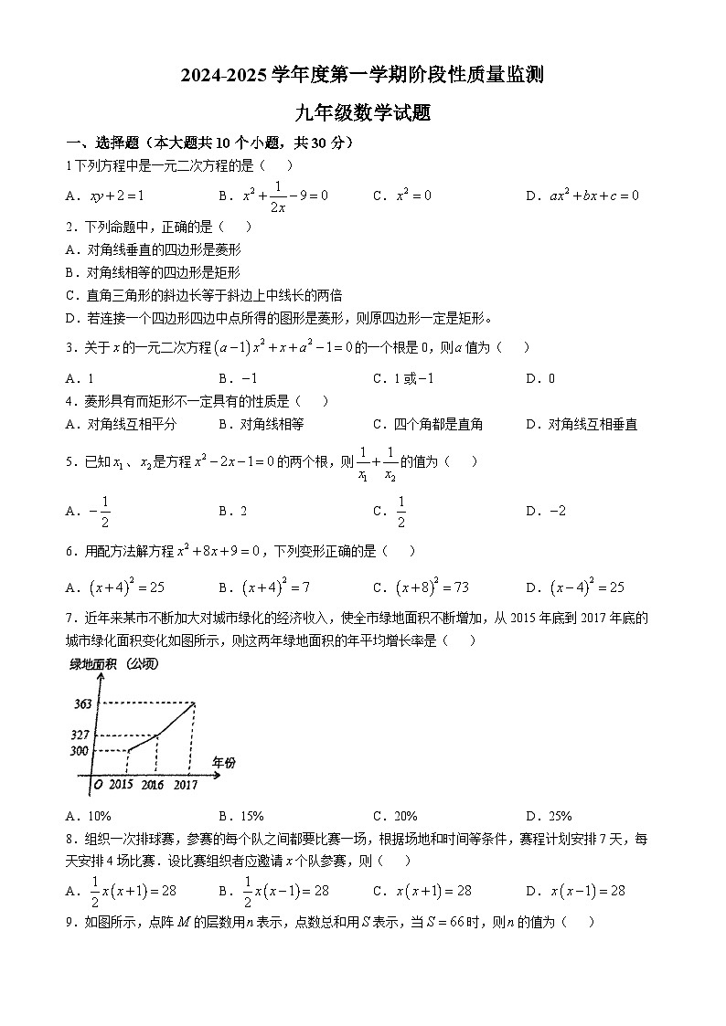 山东省青岛市崂山区育才学校　2024-2025学年 九年级上学期第一次月考数学试卷(无答案)第1页