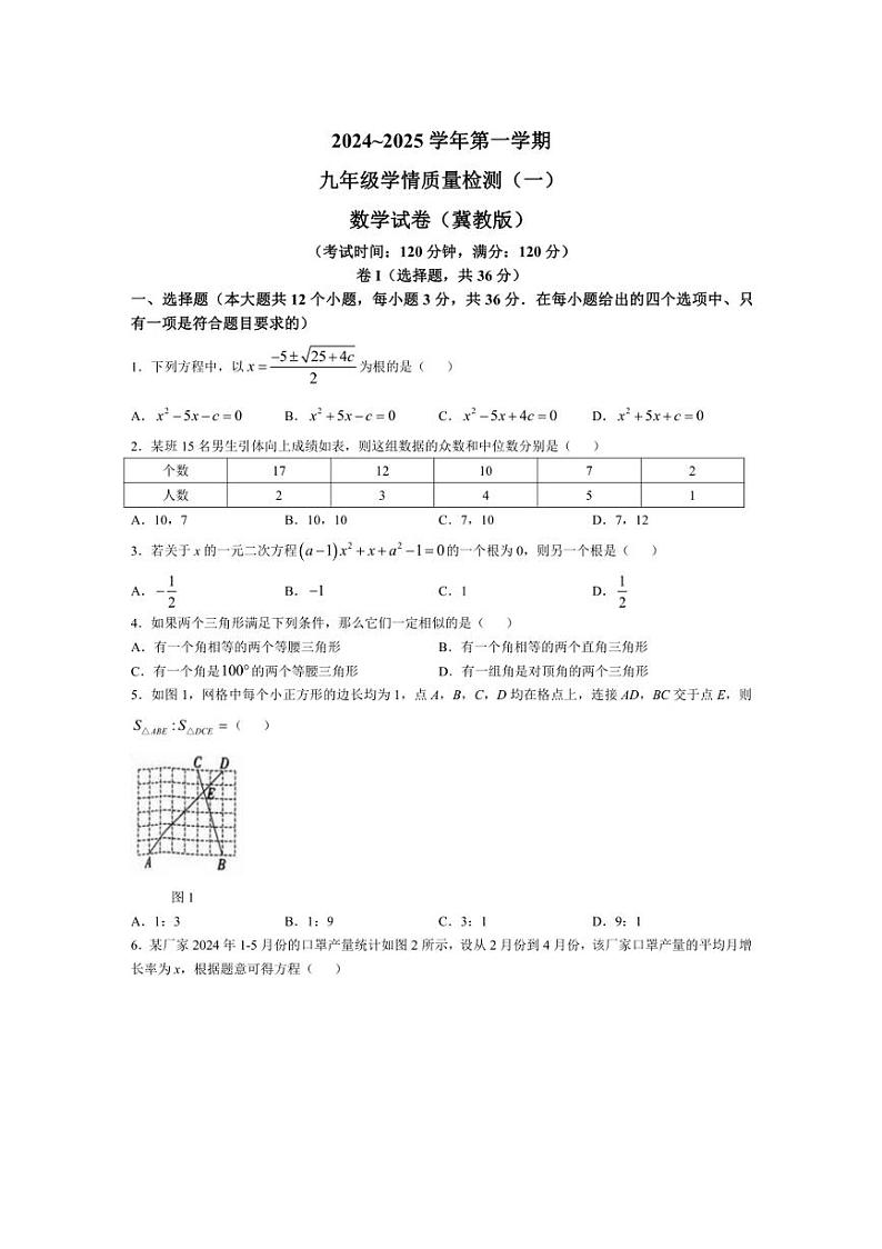 [数学]河北省衡水市故城县衡德中学2024～2025学年九年级上学期第一次月考试题(含答案)01