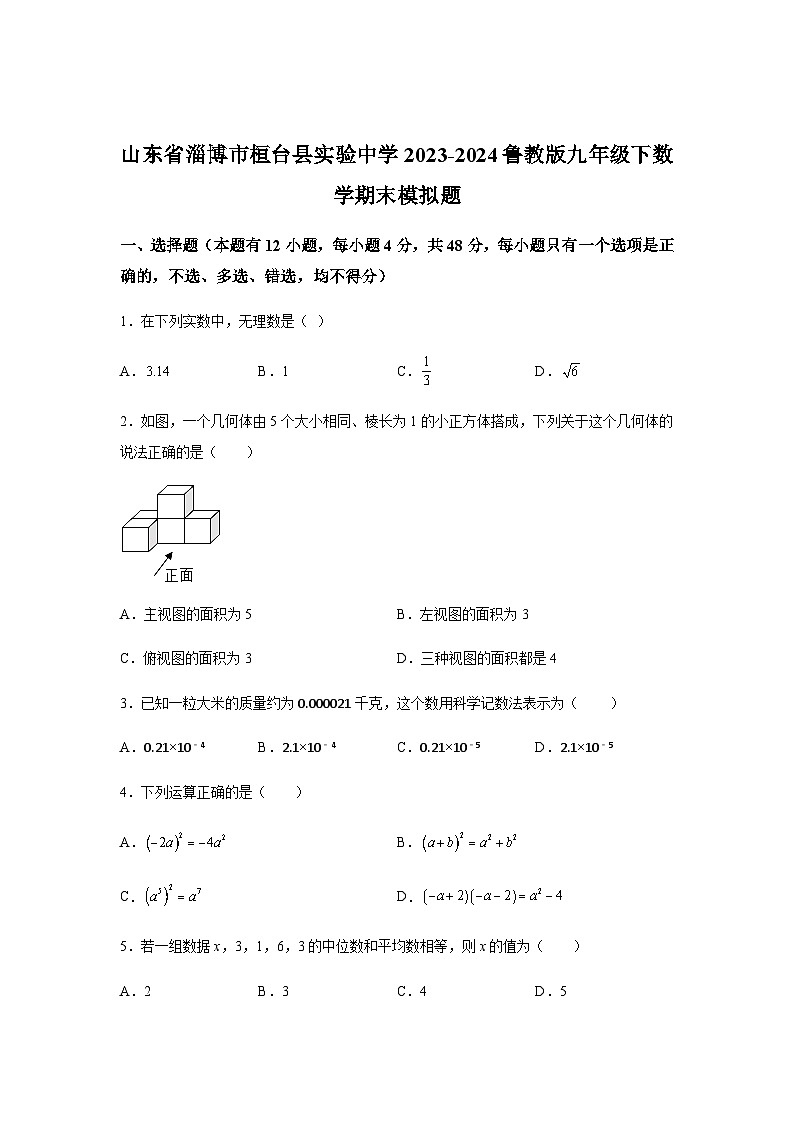 山东省淄博市桓台县实验中学2023-2024学年九年级上册期末数学试题(含解析)01