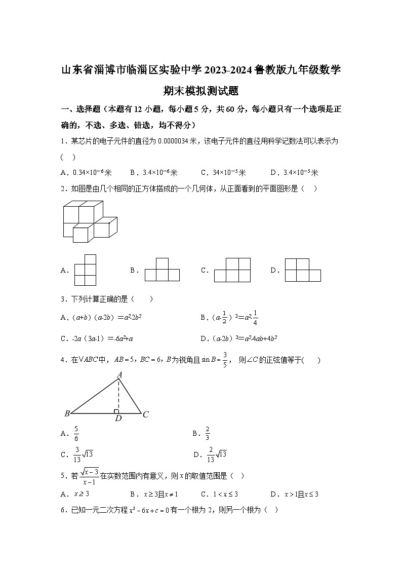 山东省淄博市临淄区临淄区实验中学2023-2024学年九年级上学期期末数学试题(含解析)01