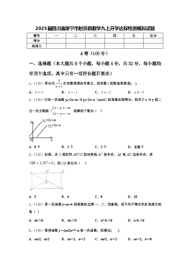 2025届四川省遂宁市射洪县数学九上开学达标检测模拟试题【含答案】01