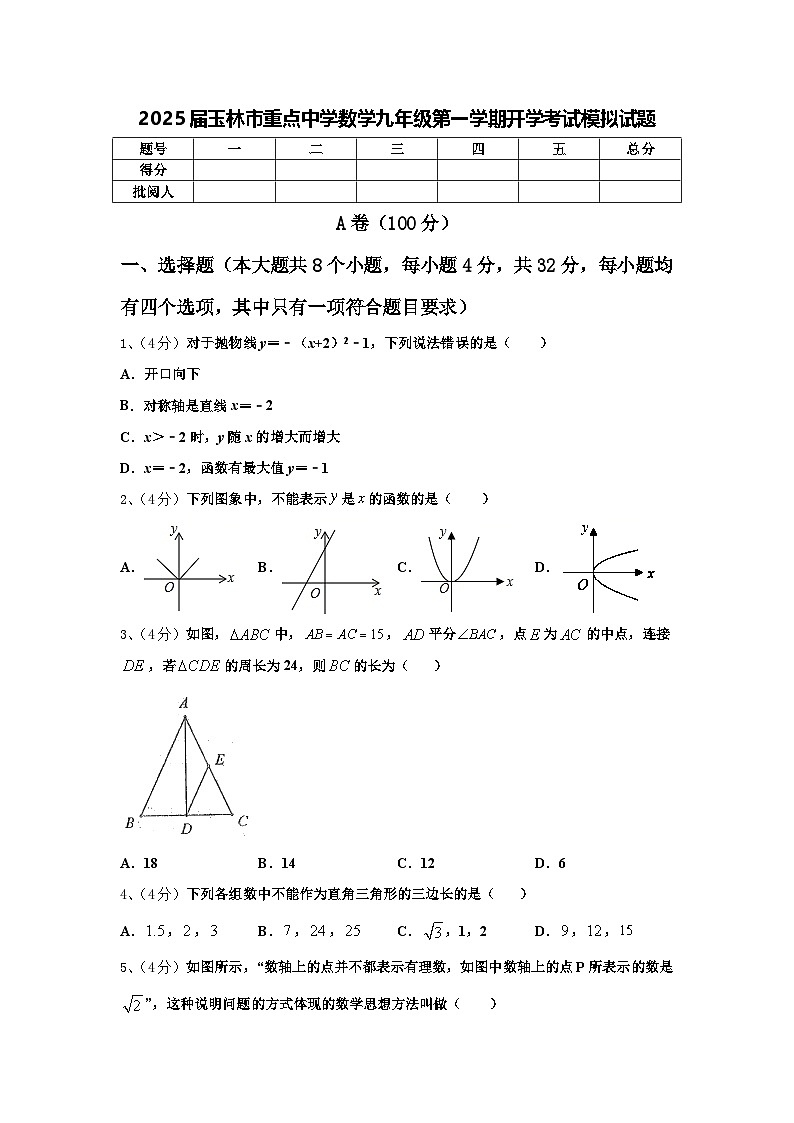 2025届玉林市重点中学数学九年级第一学期开学考试模拟试题【含答案】01