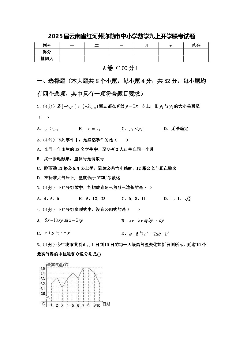 2025届云南省红河州弥勒市中小学数学九上开学联考试题【含答案】第1页