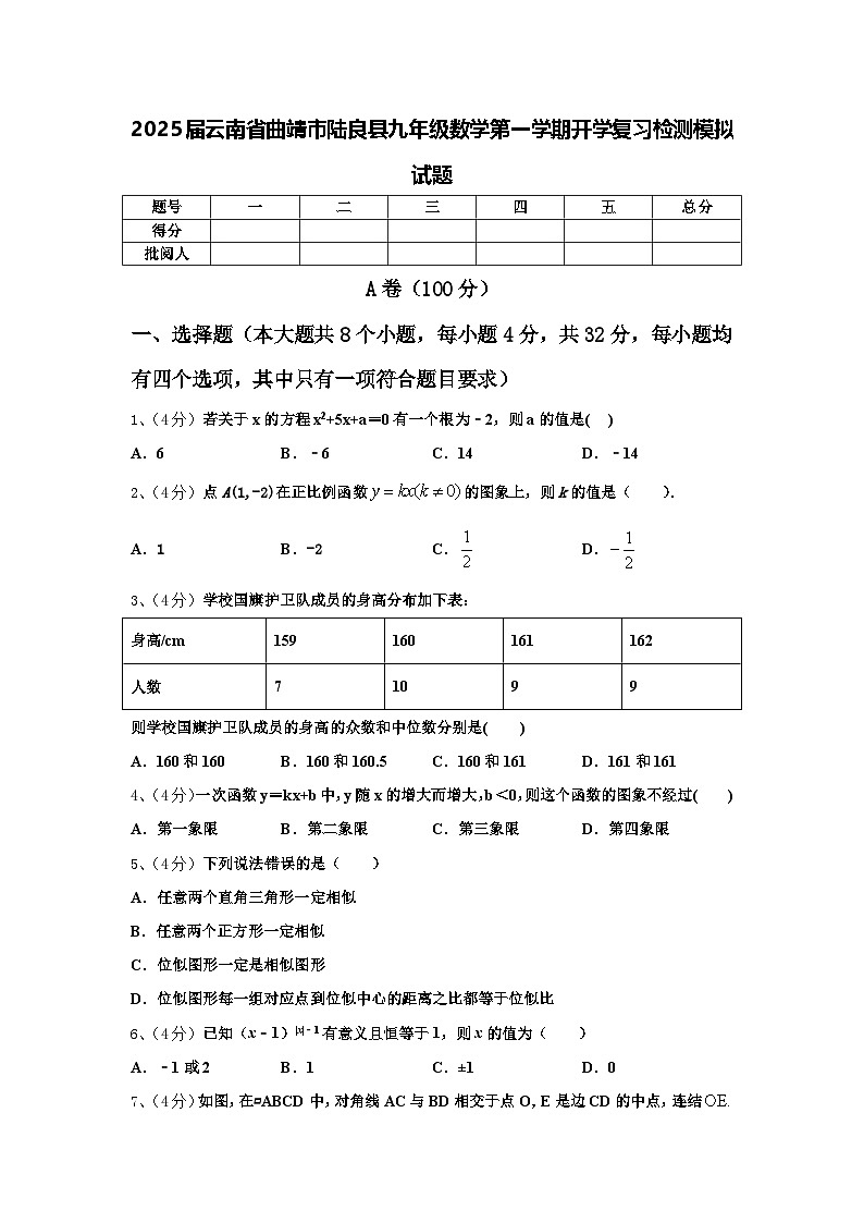 2025届云南省曲靖市陆良县九年级数学第一学期开学复习检测模拟试题【含答案】01