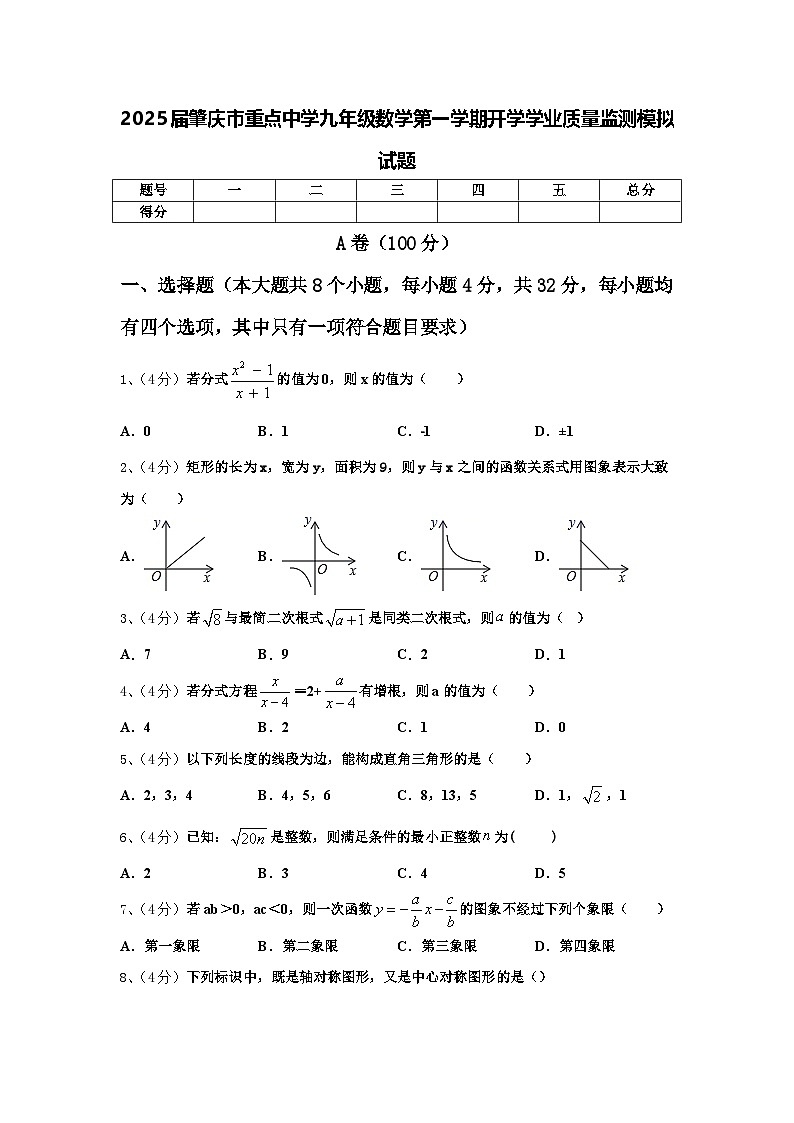 2025届肇庆市重点中学九年级数学第一学期开学学业质量监测模拟试题【含答案】第1页