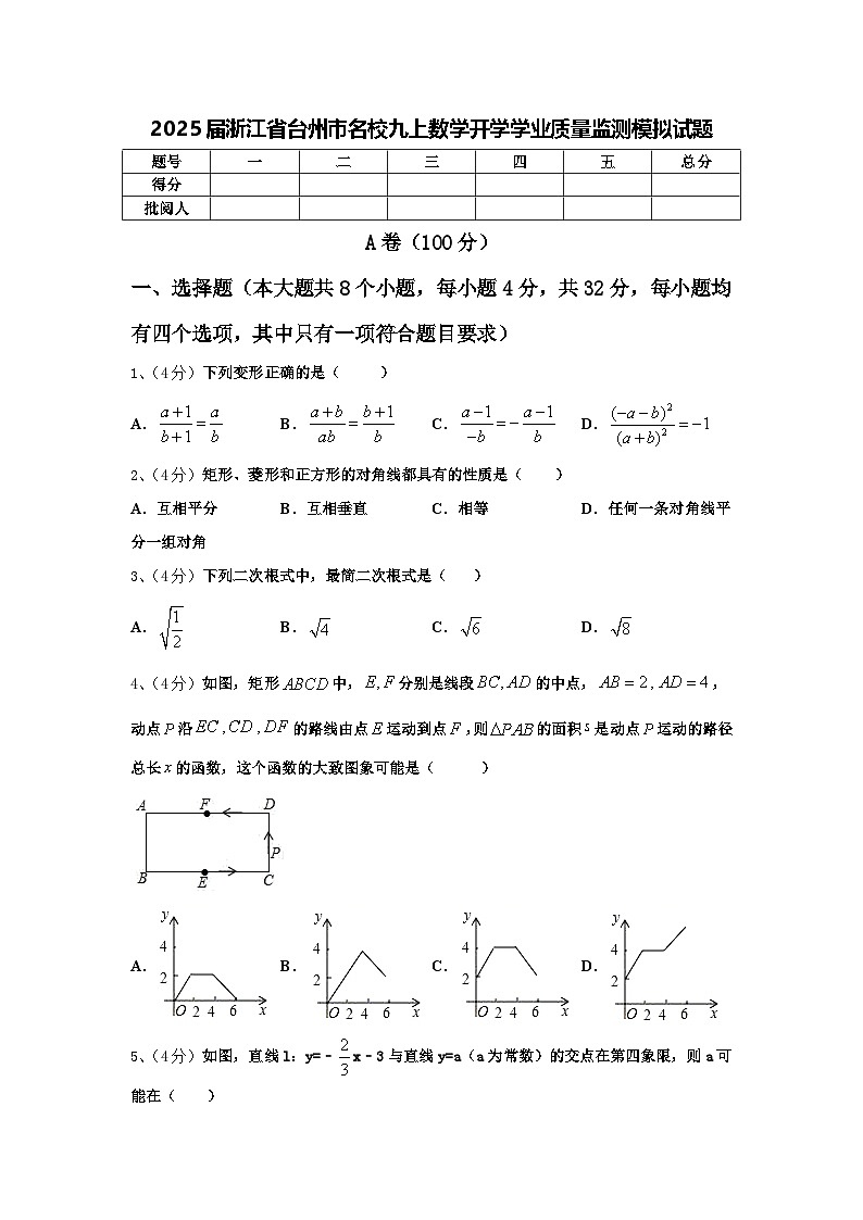 2025届浙江省台州市名校九上数学开学学业质量监测模拟试题【含答案】01