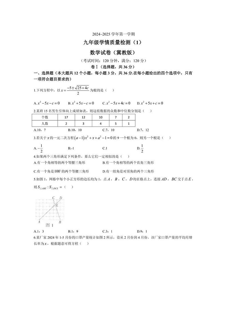 [数学]河北省衡水市枣强县2024～2025学年九年级上学期10月月考试题(含答案)01
