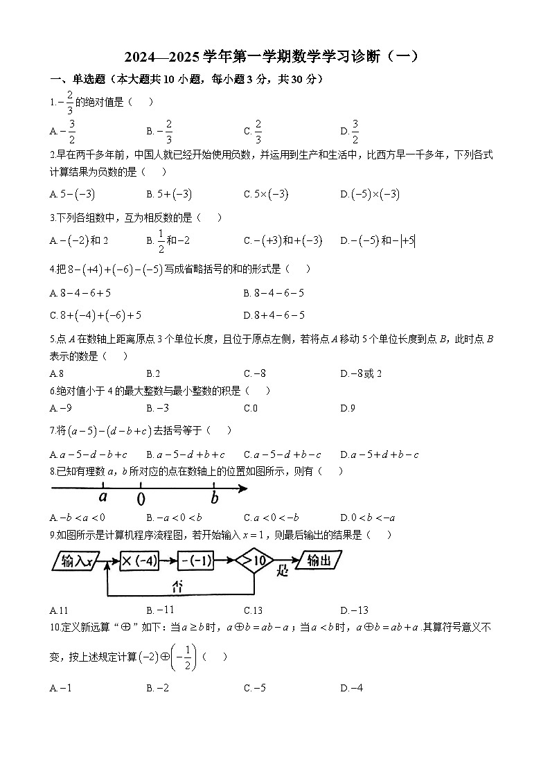 北京市首师大附中通州校区2024~2025学年七年级上学期月考数学试卷（10月份）(无答案)01