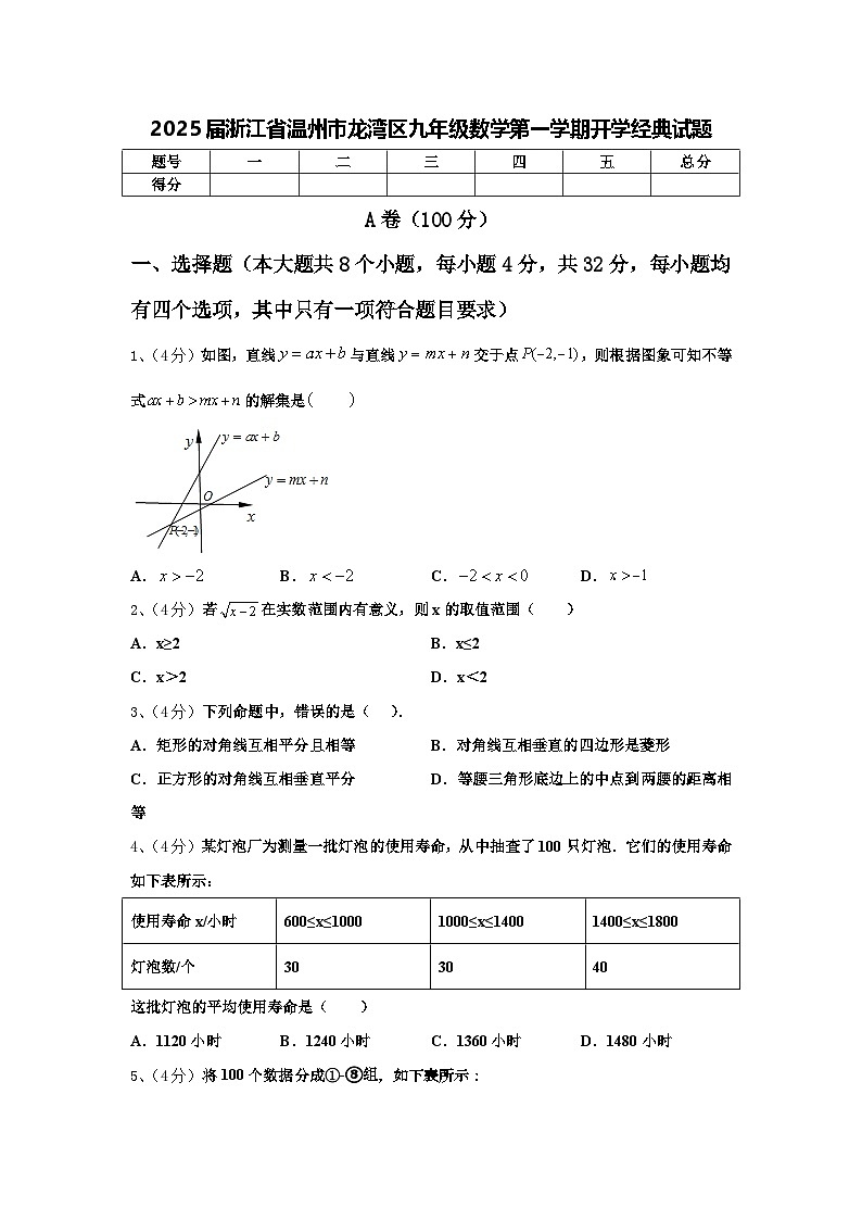 2025届浙江省温州市龙湾区九年级数学第一学期开学经典试题【含答案】第1页