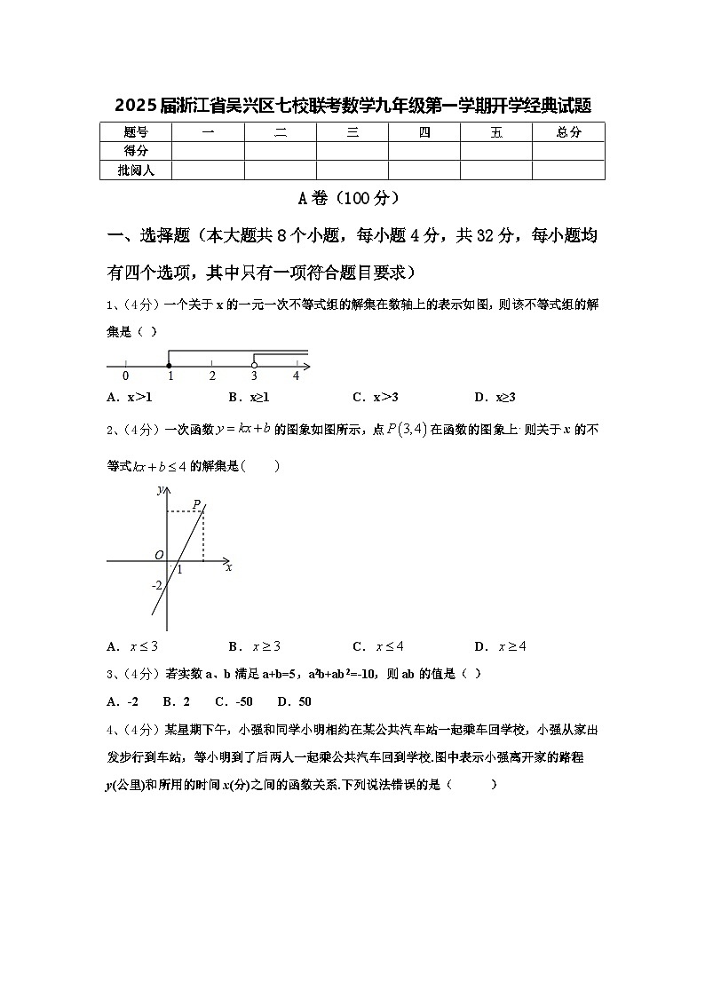 2025届浙江省吴兴区七校联考数学九年级第一学期开学经典试题【含答案】01