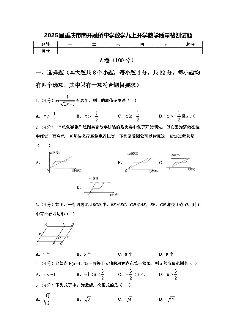 2025届重庆市南开融侨中学数学九上开学教学质量检测试题【含答案】01