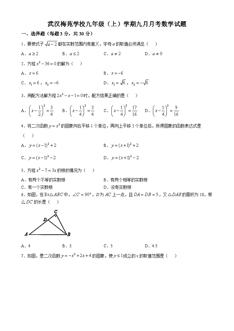 湖北武汉市梅苑学校2024-2025学年上学期10月九年级数学月考试题 (无答案)01