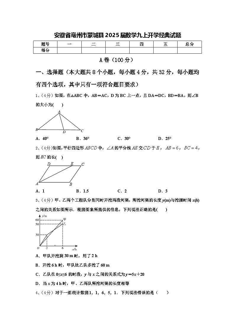 安徽省亳州市蒙城县2025届数学九上开学经典试题【含答案】第1页
