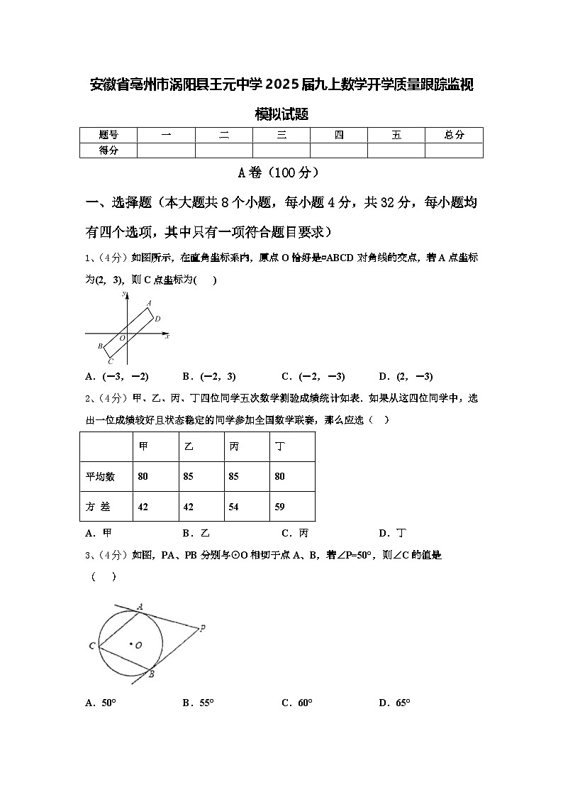 安徽省亳州市涡阳县王元中学2025届九上数学开学质量跟踪监视模拟试题【含答案】第1页
