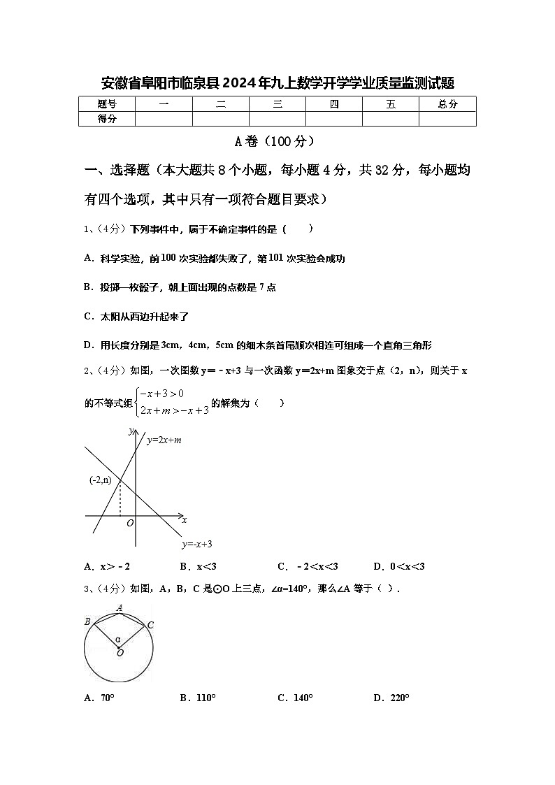 安徽省阜阳市临泉县2024年九上数学开学学业质量监测试题【含答案】第1页