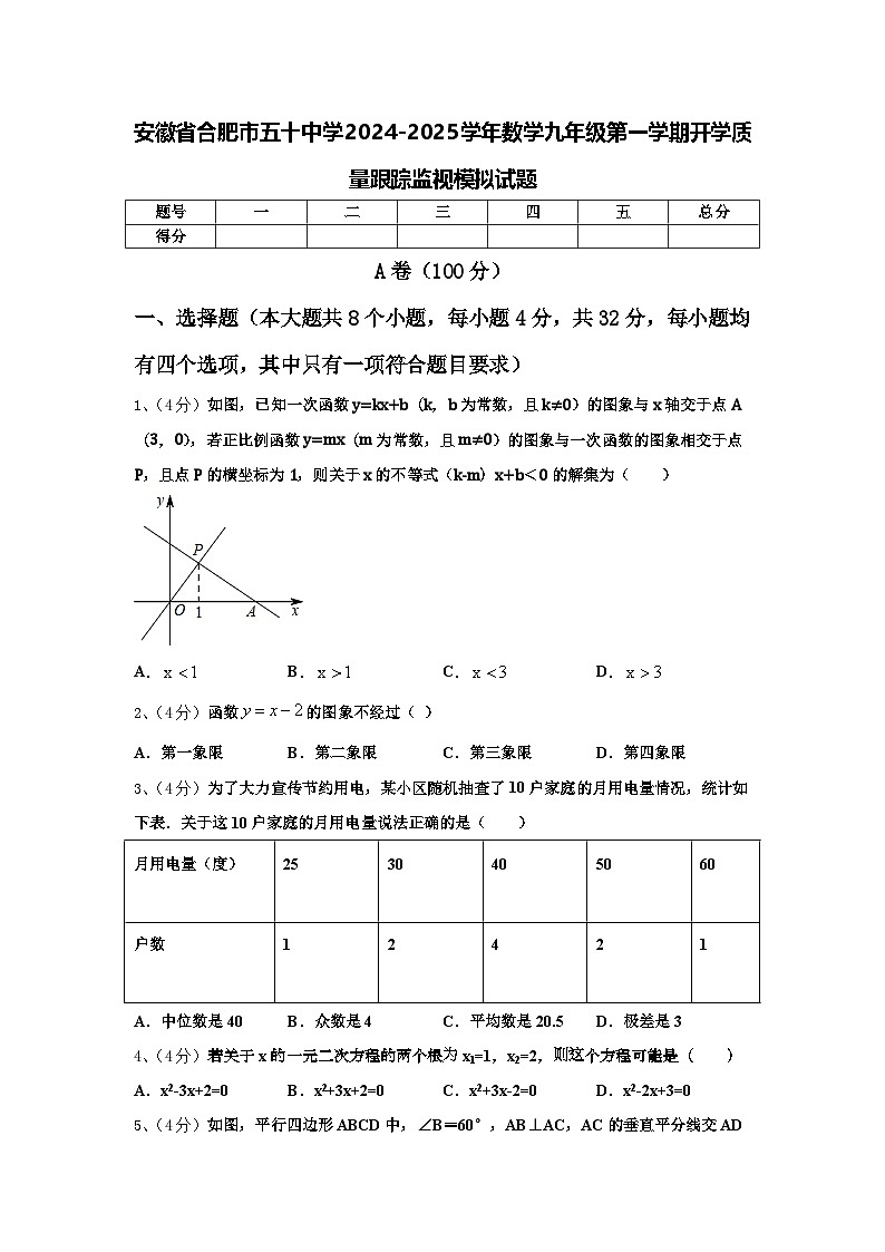 安徽省合肥市五十中学2024-2025学年数学九年级第一学期开学质量跟踪监视模拟试题【含答案】第1页