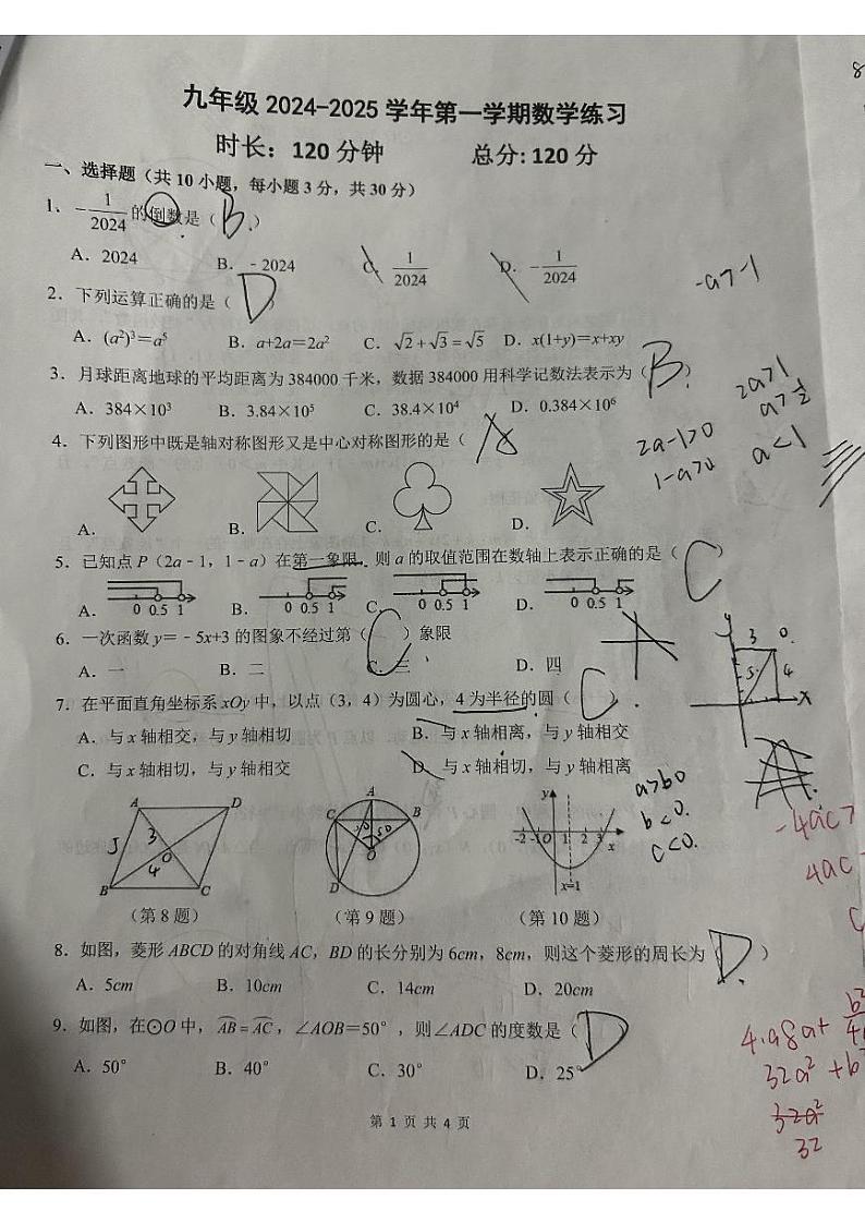 2024-2025-1 一中双语九上第一次月考数学试卷第1页
