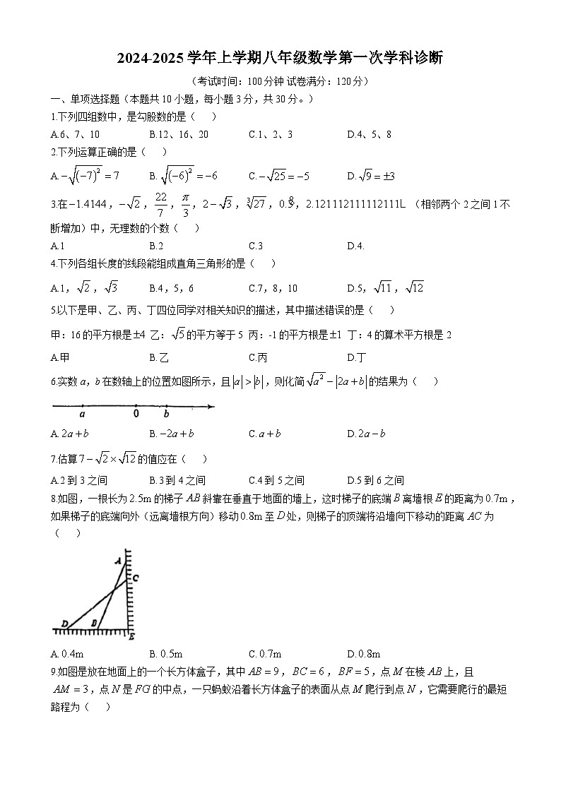 河南省郑州市第八十五中学2024-2025学年上学期八年级数学月考试卷(无答案)第1页