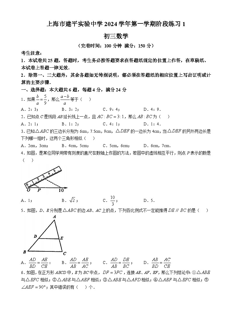 上海市建平实验中学2024—-2025学年上学期10月月考九年级数学试卷(无答案)第1页