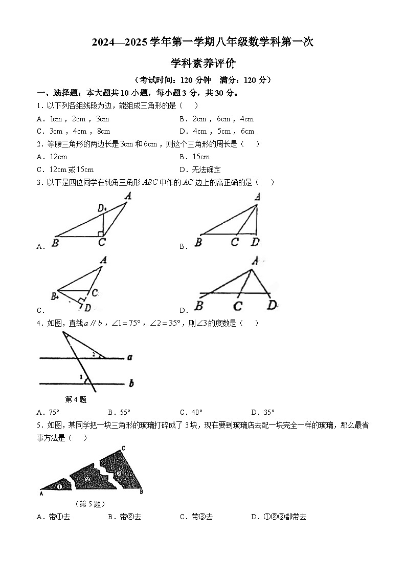 广东省江门市怡福中学2024-2025学年八年级上学期第一次月考数学试题 (无答案)01